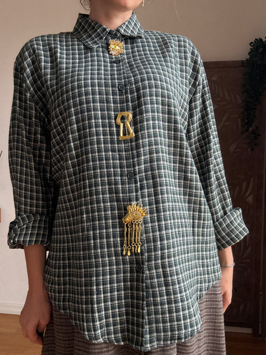 Camicia donna a quadri in cotone con spille gioiello rimovibili - in 2 Colori