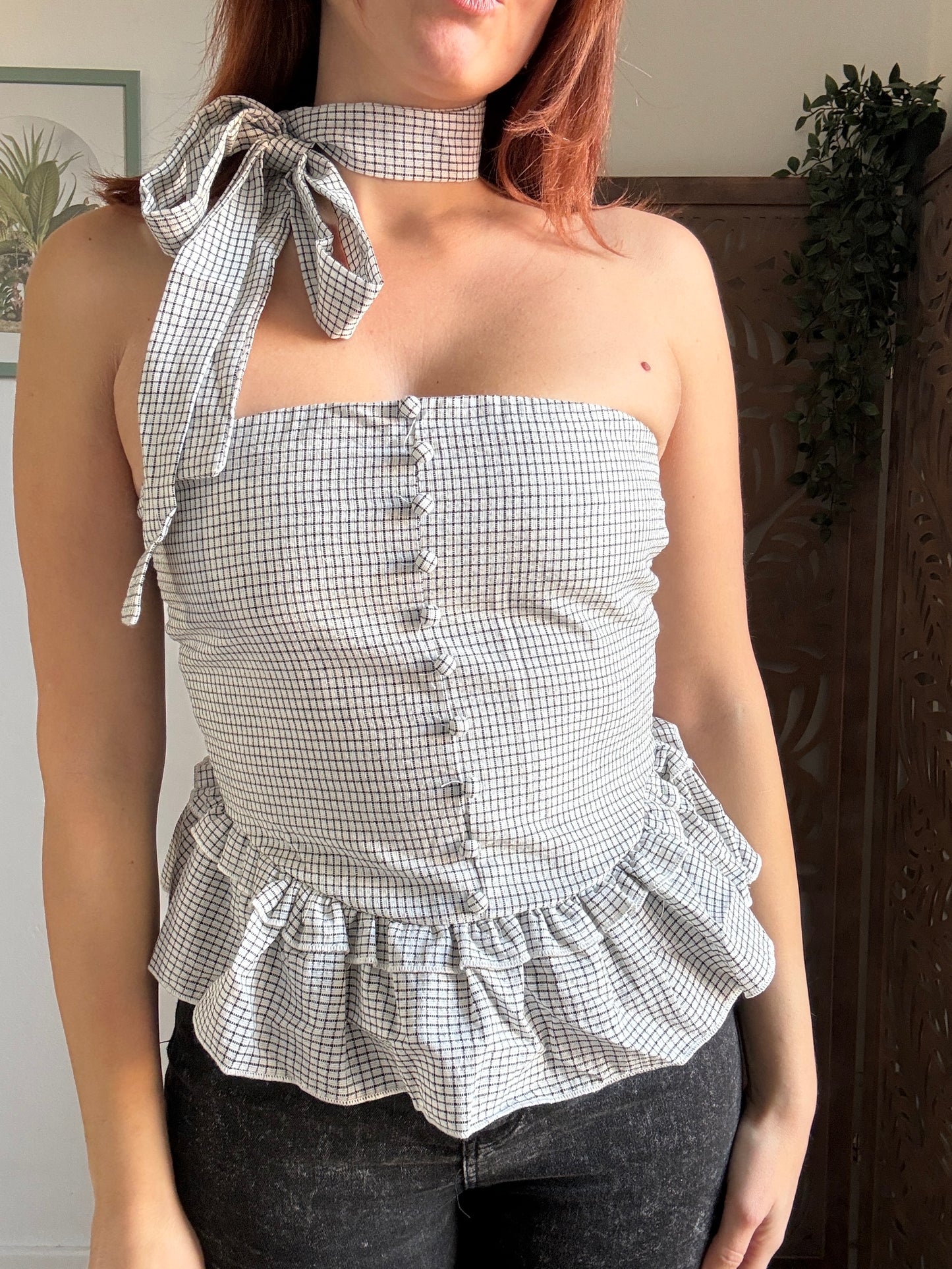 Top Peplum a Quadretti con Nastro - Bianco
