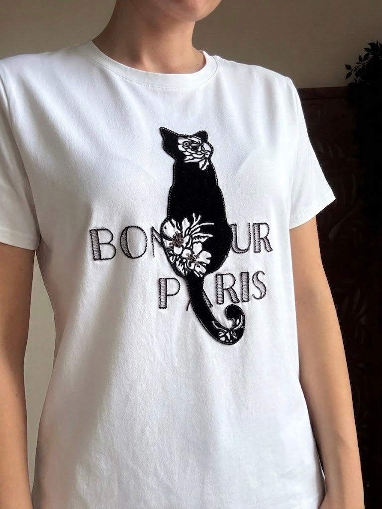 T-shirt Gatto in Cotone Bonjour Paris con Applicazioni Paillettes - In 3 Colori