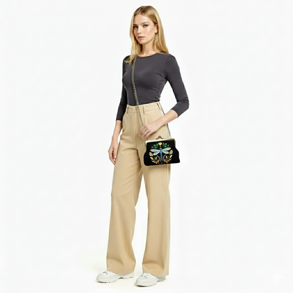 Borsetta kisslock Dragonfly in misto lino e cotone ricamata