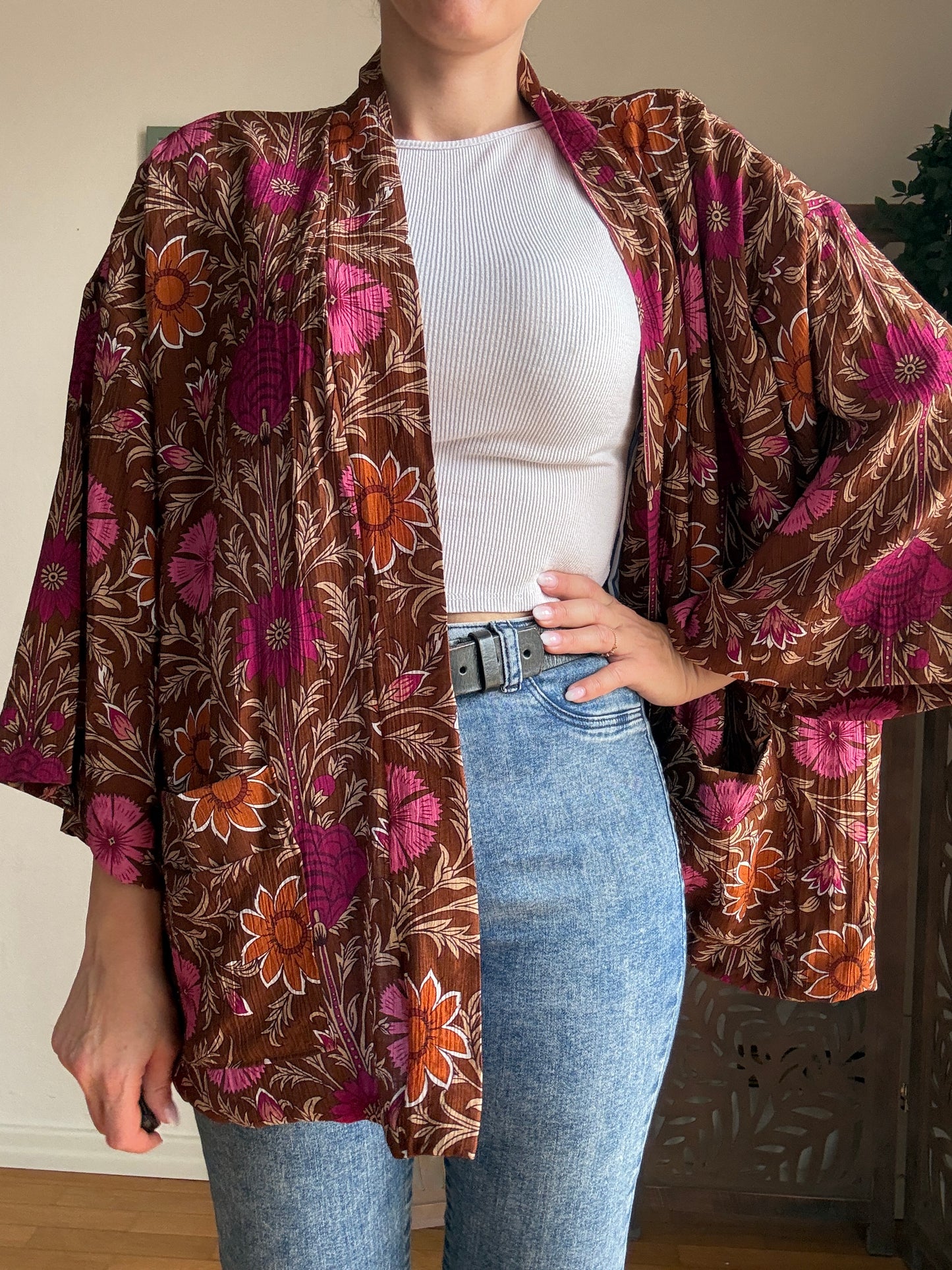 Kimono Donna Boho Chic Foderato in Cotone con Interno a Righe e Tasche - In Vari Colori e Fantasie