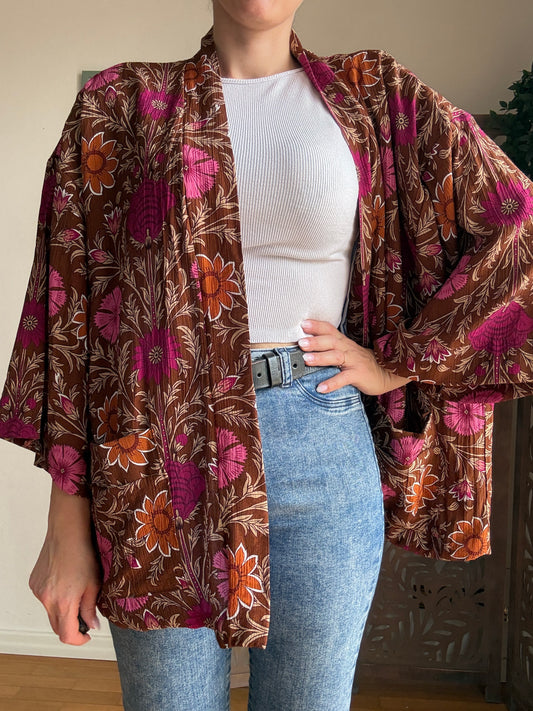 Kimono Donna Boho Chic Foderato in Cotone con Interno a Righe e Tasche - In Vari Colori e Fantasie