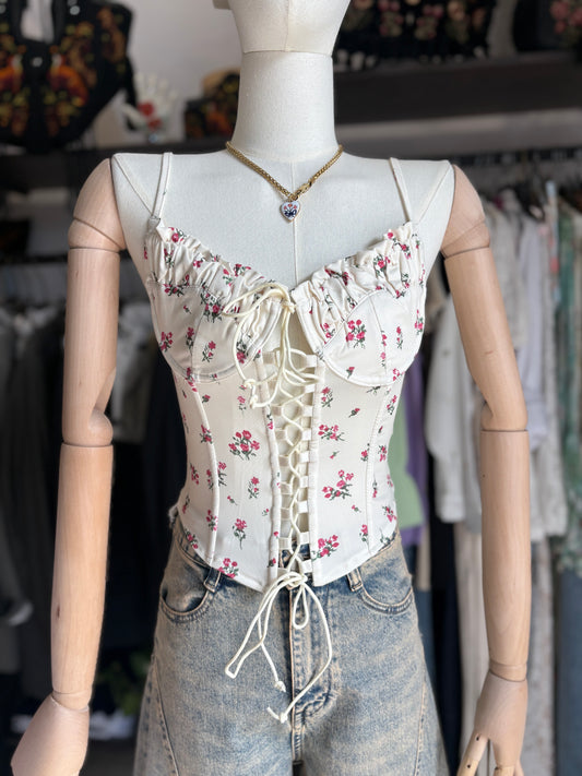 Top Bustier Stringato con Coppe Arricciate – Bianco Floreale