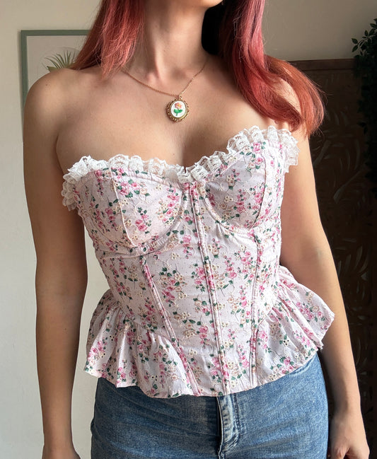 Bustino Rosa Romantico Floral Bloom - Con Scollo in Pizzo