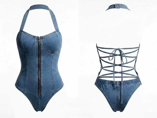 Body Corsetto in Denim con Stringatura Posteriore