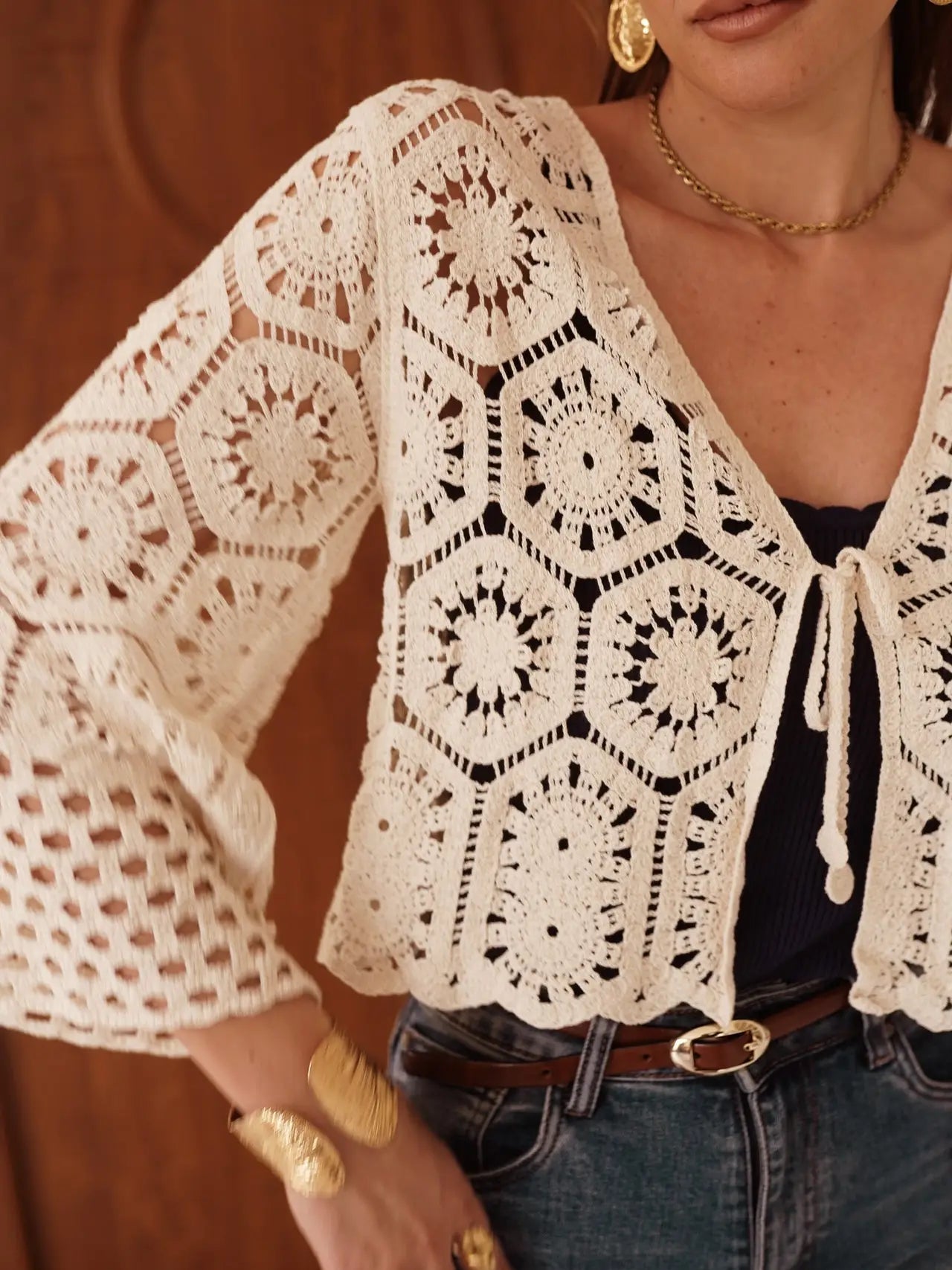 Cardigan Cropped in Crochet Veya a Motivi Geometrici – Crema
