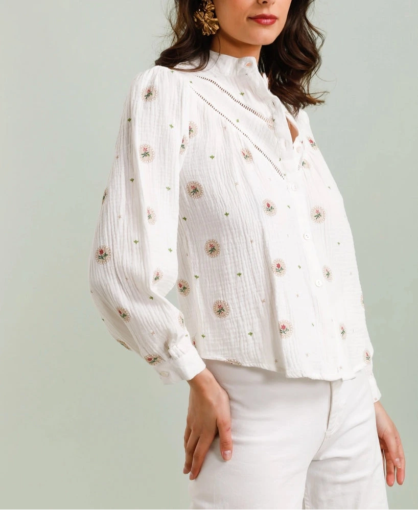 Blusa bohémien francese romantica in mussola di cotone con ricami floreali -  in 2 colori