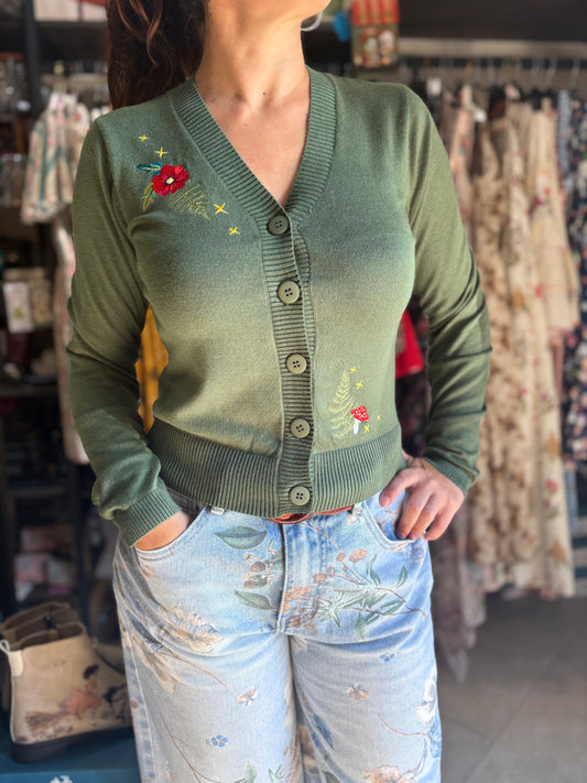 Cardigan vintage Bobby verde bosco con ricami