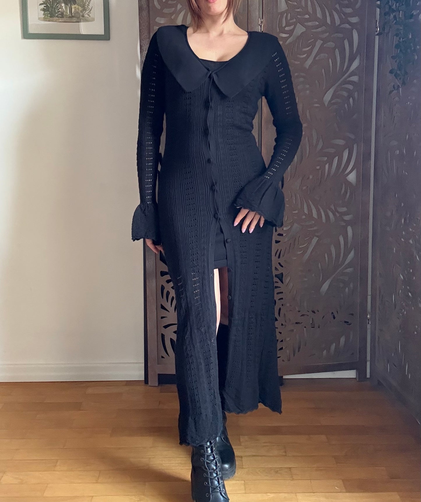 Abito chemisier lungo traforato nero con colletto