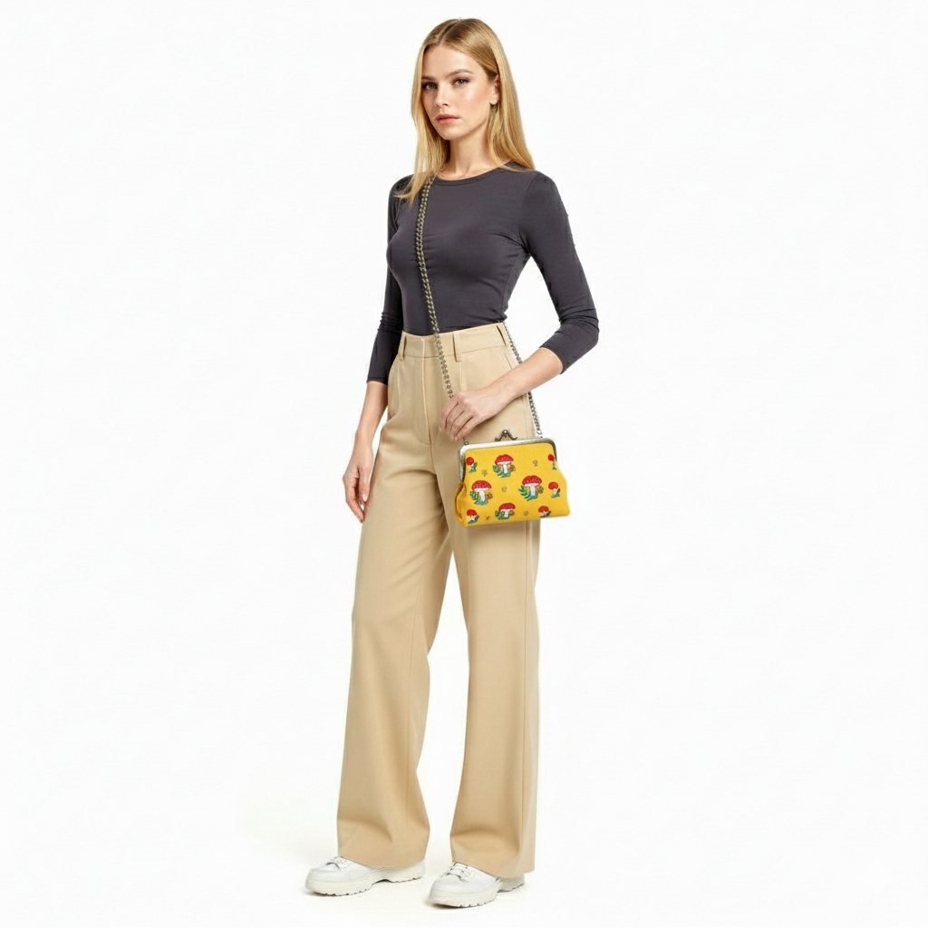 Borsetta kisslock  Mushroom in misto lino e cotone ricamata in 2 colori