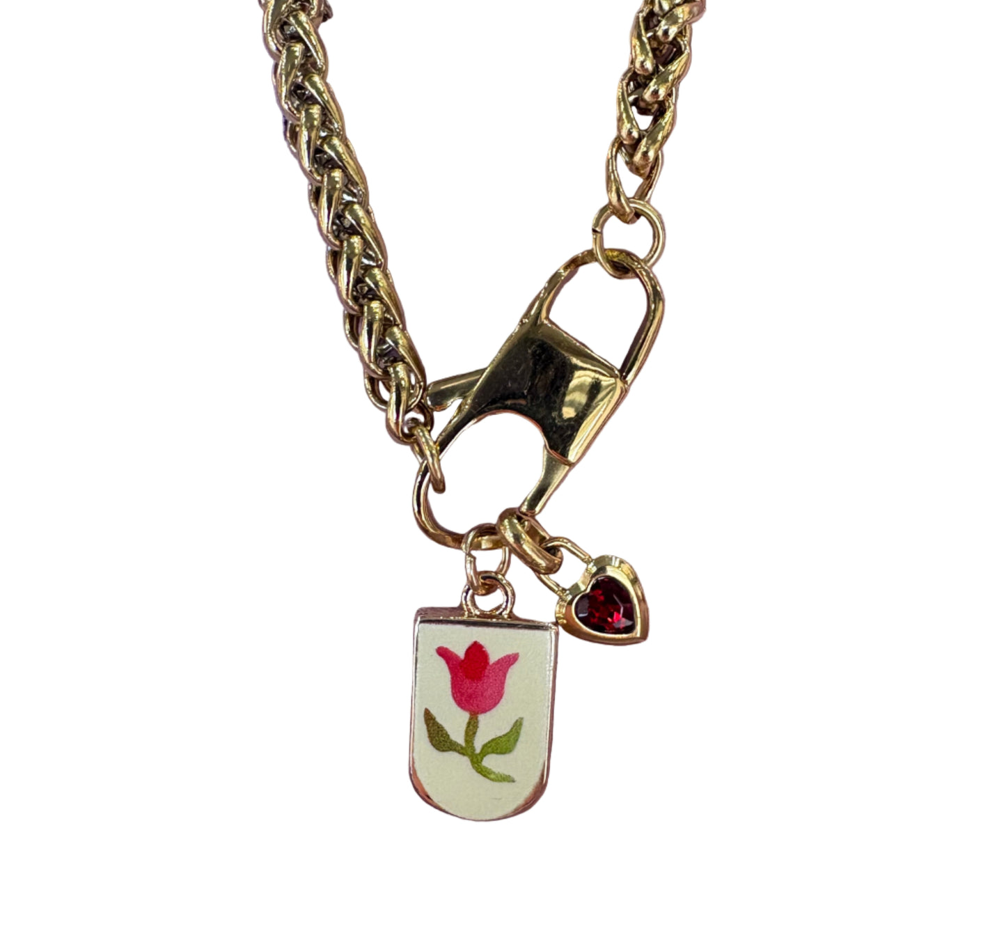 Collana in acciaio inossidabile color oro con ciondolo smaltato floreale