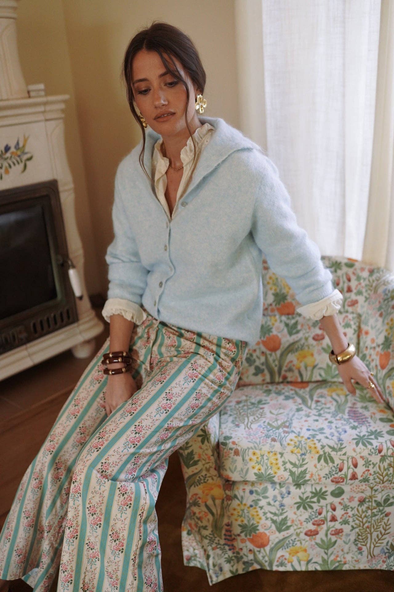 Pantaloni Larghi in Cotone Pauline con Stampa Floreale e Righe - Verdi