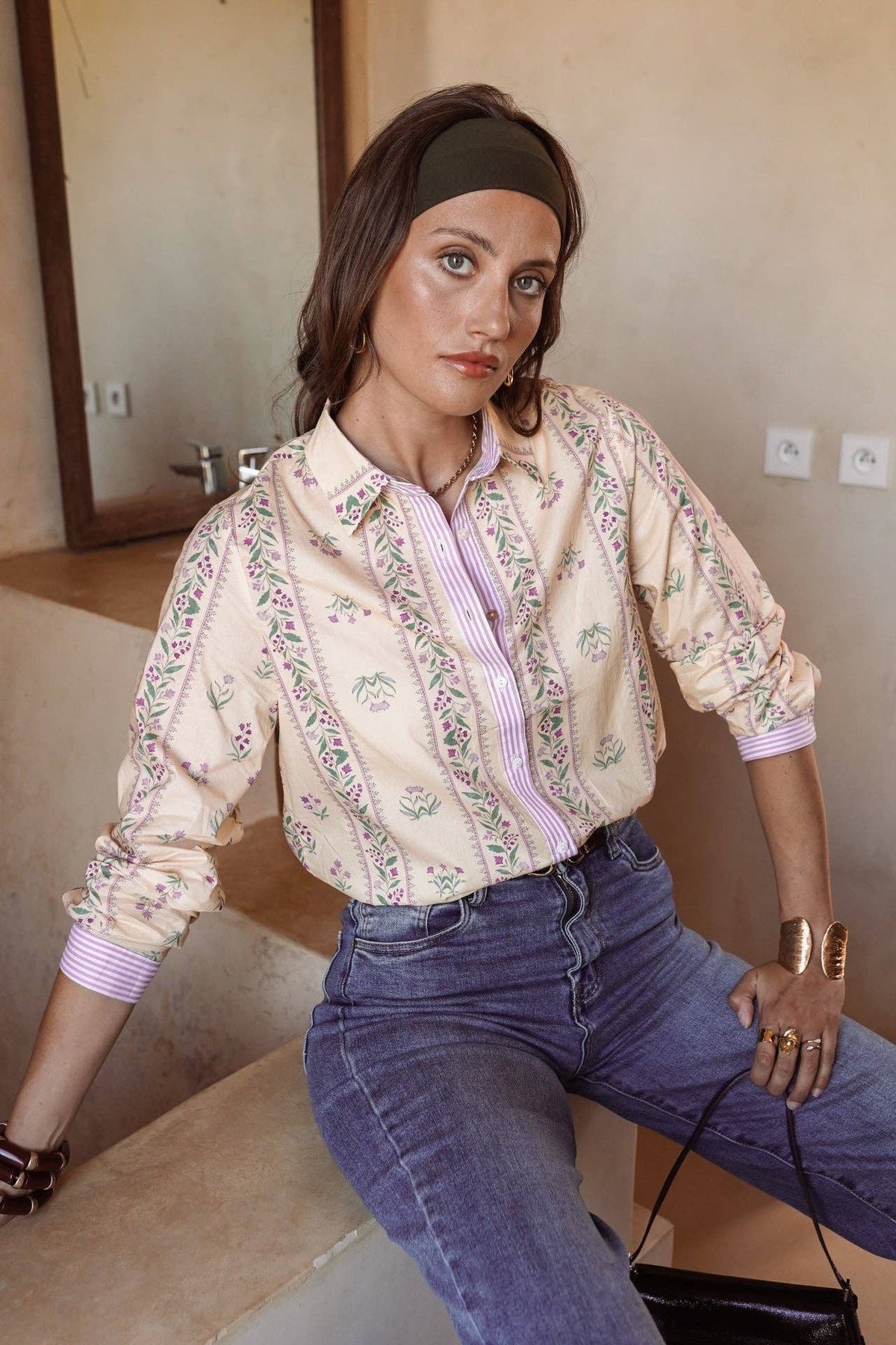 Camicia Bérilia beige in cotone con stampa floreale