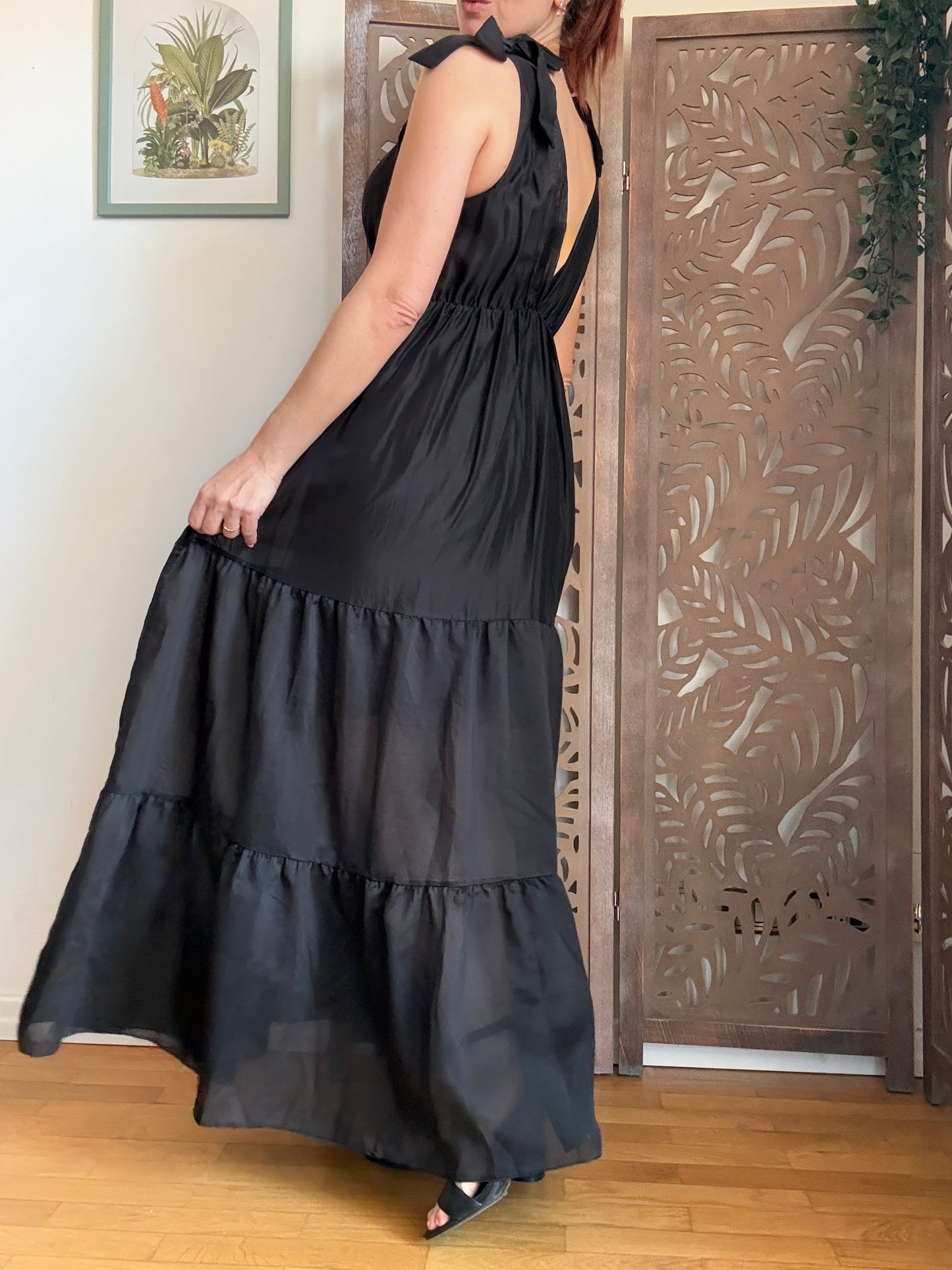 Abito Lungo a Balze in Lyocell con Spalline Annodabili