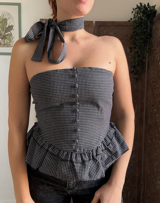 Top Peplum a Quadretti con Nastro - Nero
