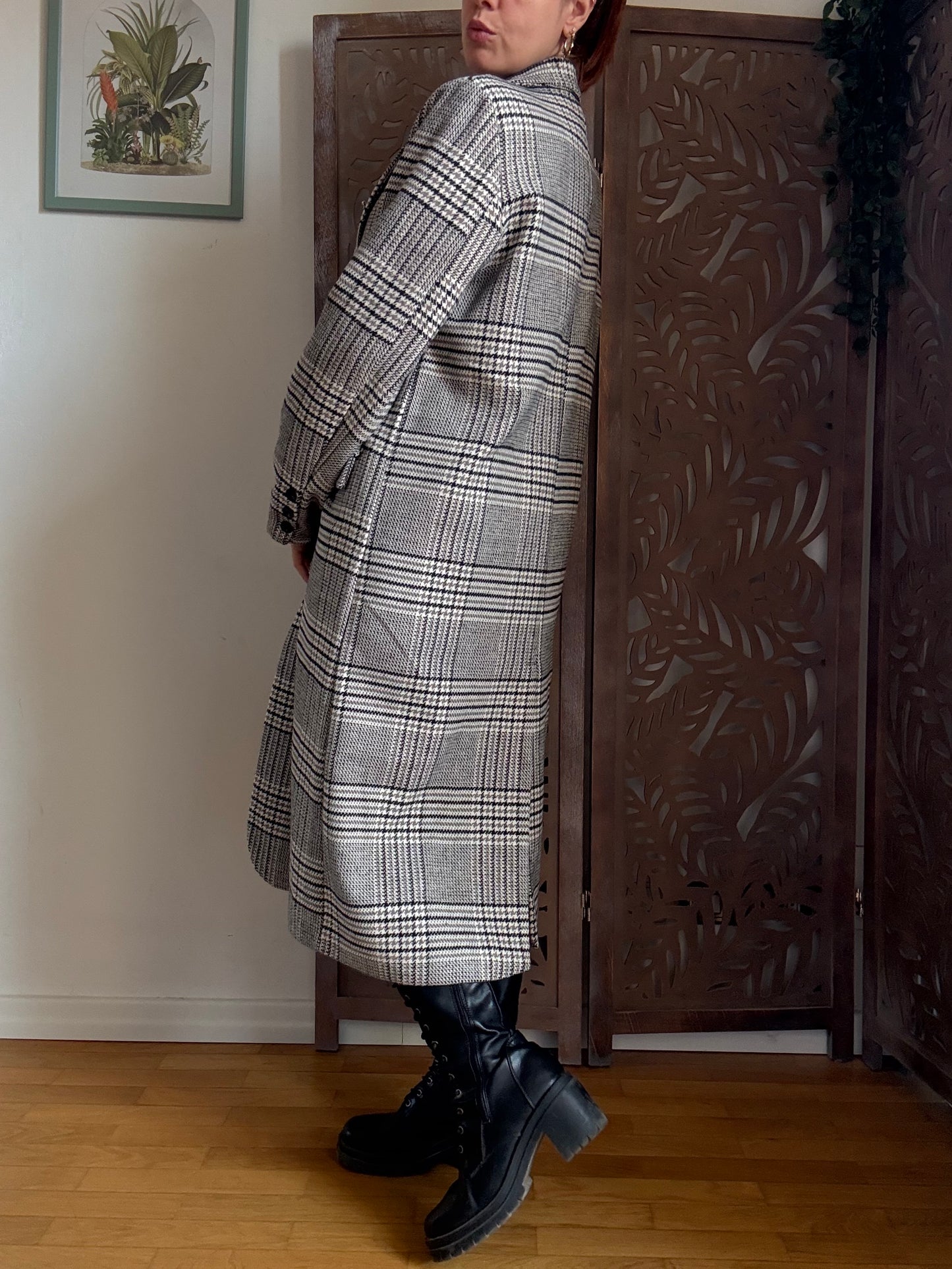 Cappotto College lungo grigio a quadretti in cotone con spille