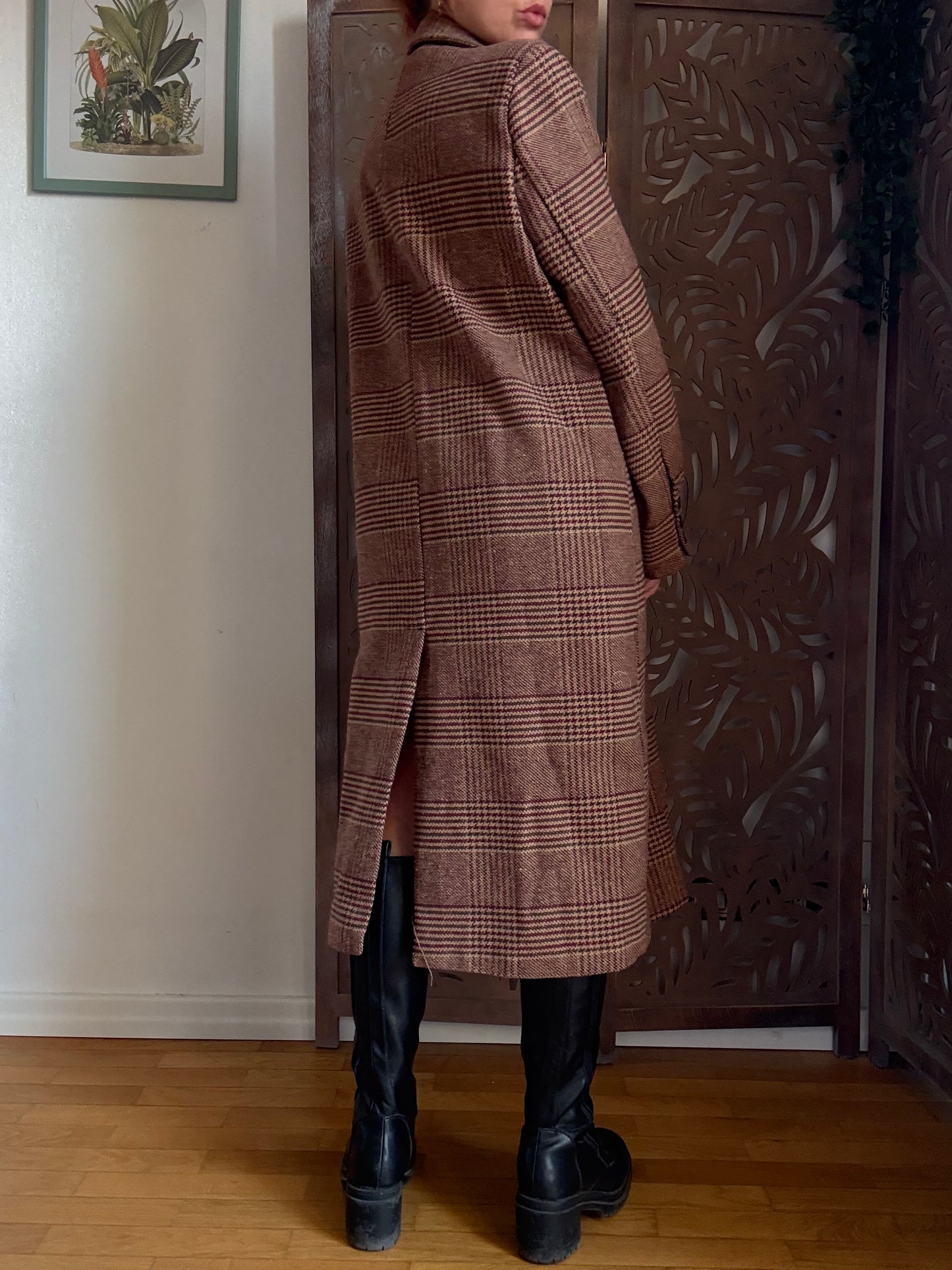 Cappotto College lungo bordeaux a quadretti in cotone con spille