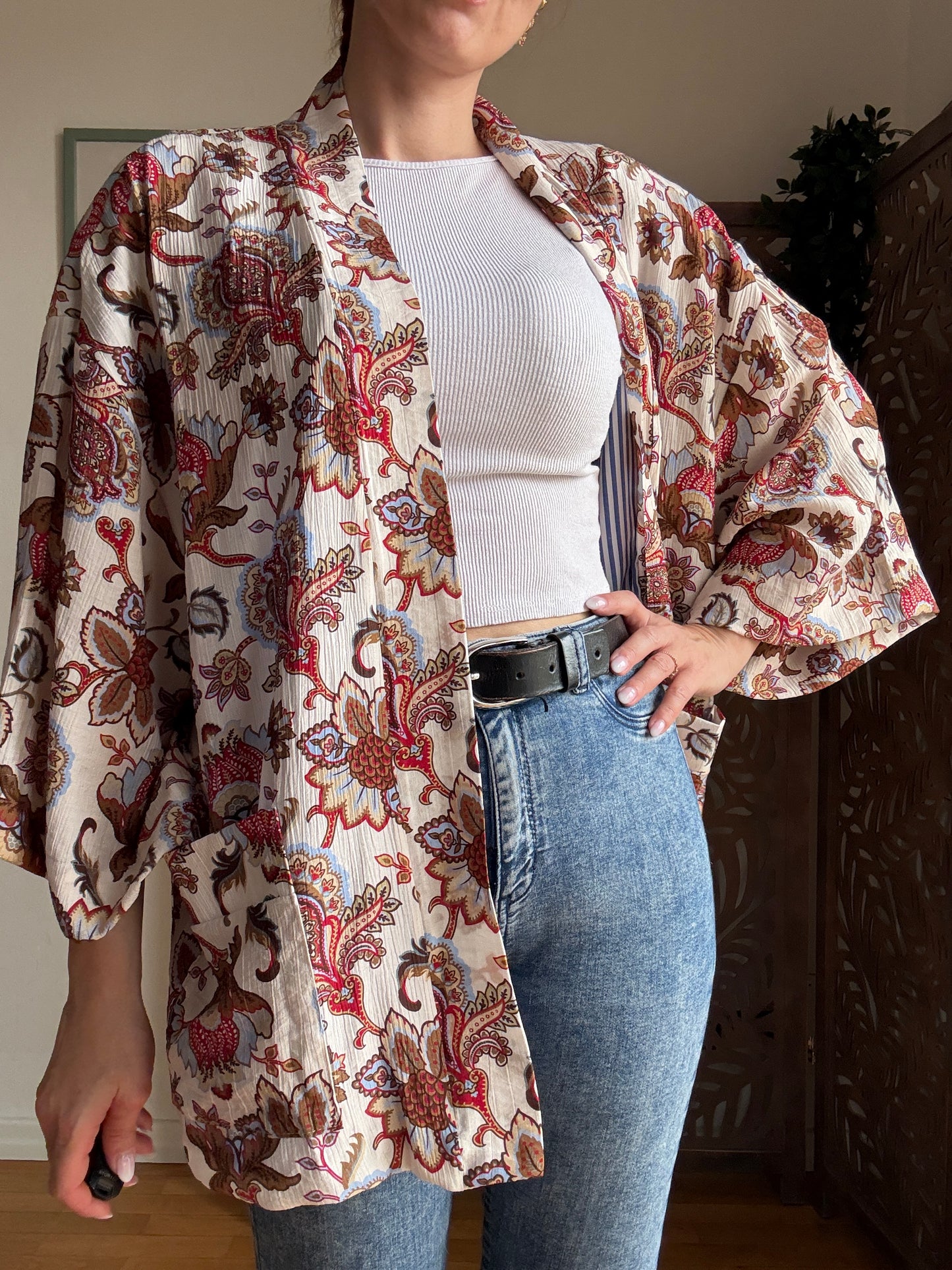 Kimono Donna Boho Chic Foderato in Cotone con Interno a Righe e Tasche - In Vari Colori e Fantasie