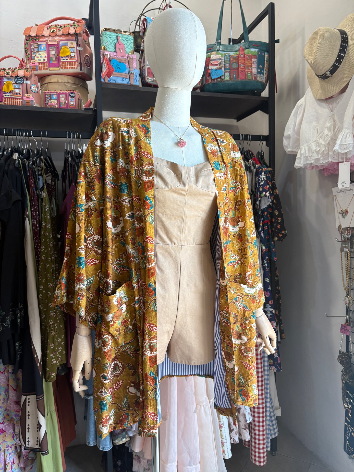 Kimono Donna Boho Chic Foderato in Cotone con Interno a Righe e Tasche Lungo - In Vari Colori e Fantasie