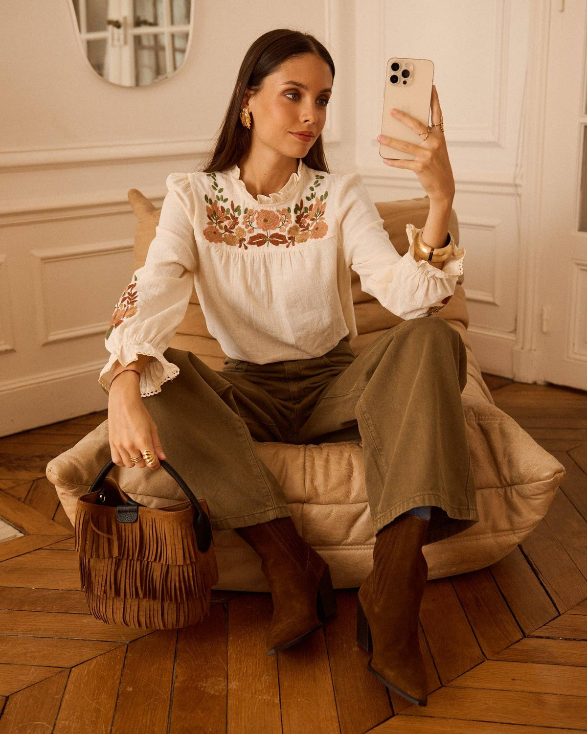 Blusa Giardino d’Autunno écru in cotone ricamato