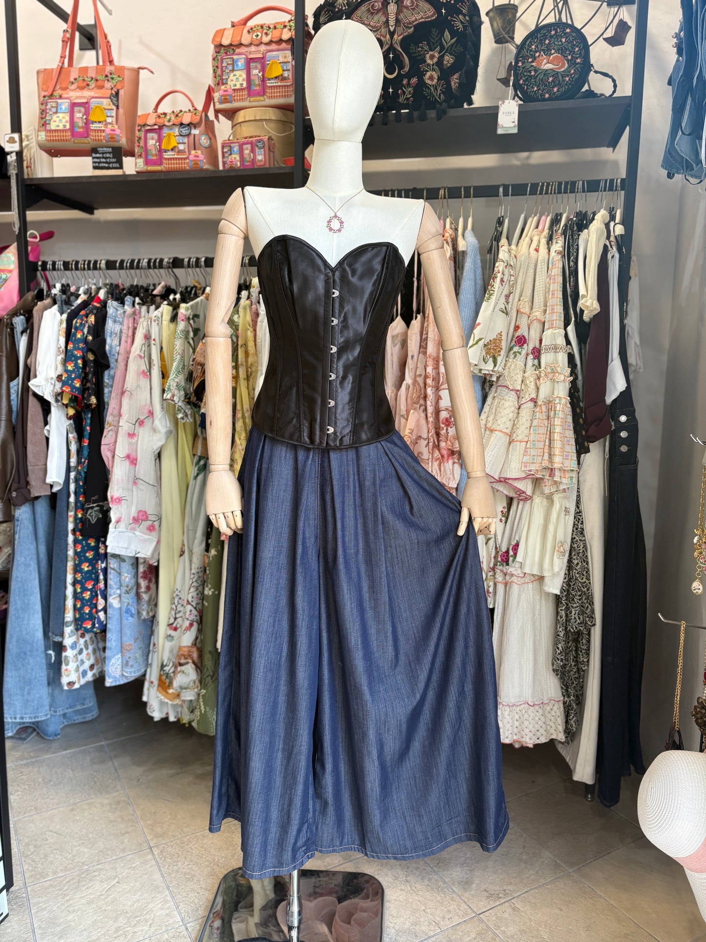 Pantaloni Palazzo in Denim Fluido con Cintura