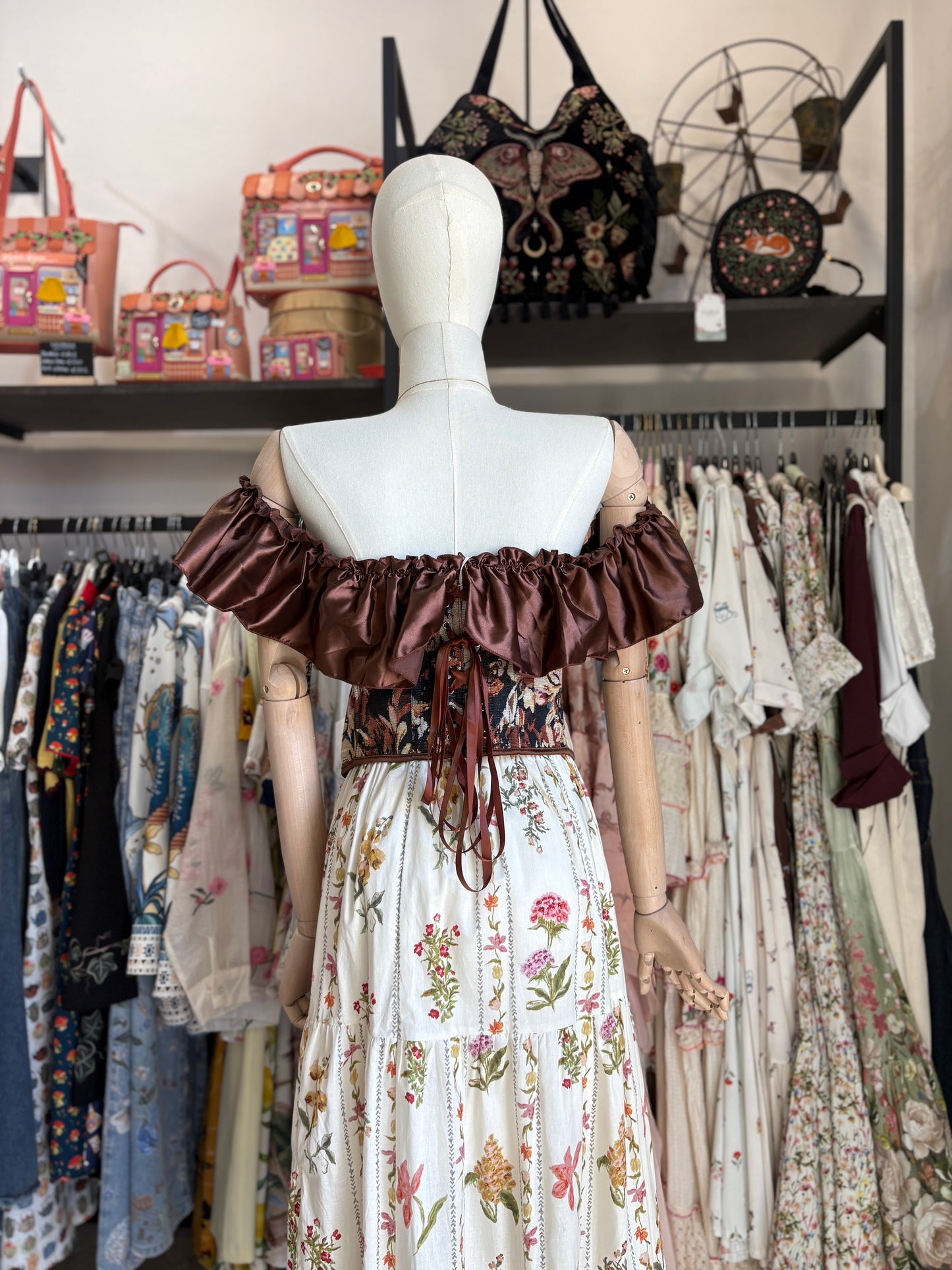 Corsetto Bustier Jacquard con Volant in Satin