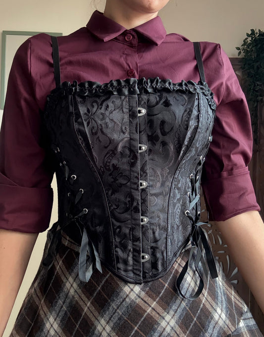 Corsetto Dark Bloom in raso jacquard nero con spalline