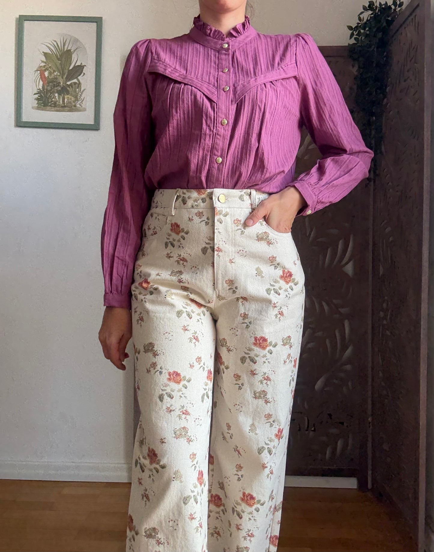 Jeans bianchi floreali vita alta a gamba ampia