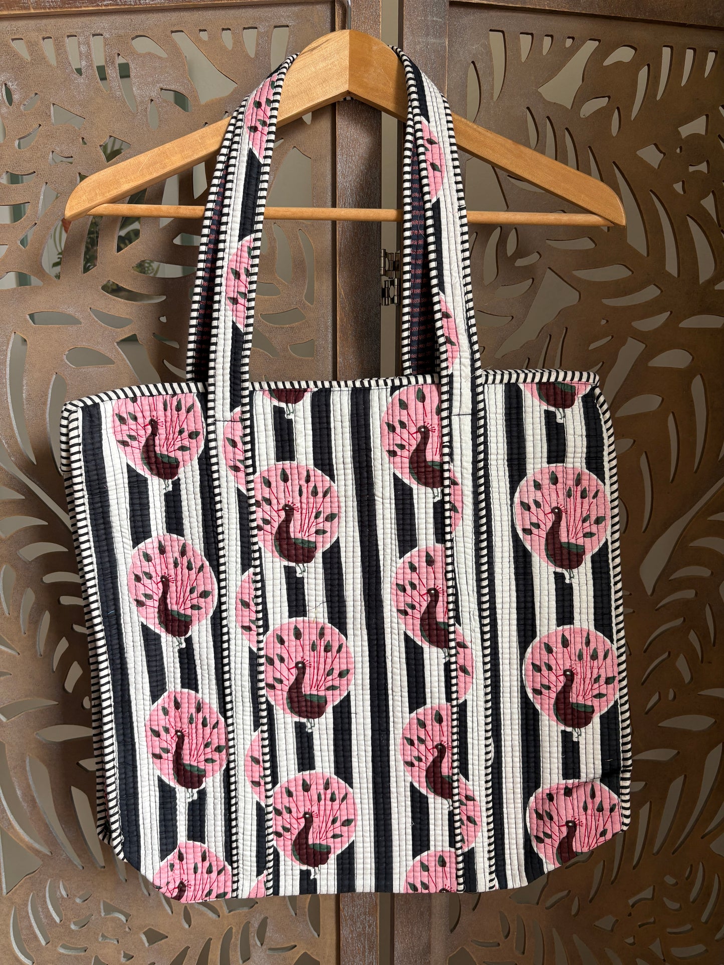 Borsa Tote Trapuntata in Cotone con Zip - Pavoni