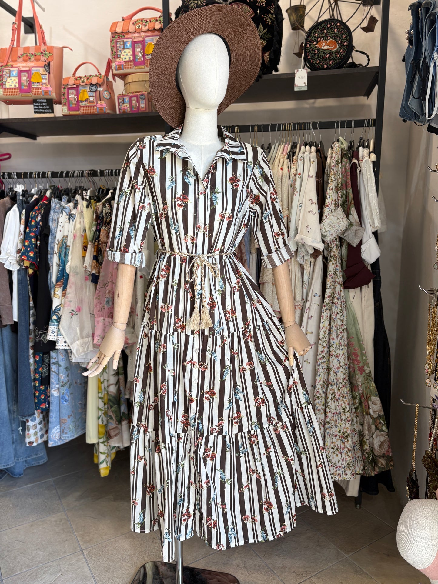 Abito Chemisier Lungo in Cotone con Cintura - in 7 Fantasie