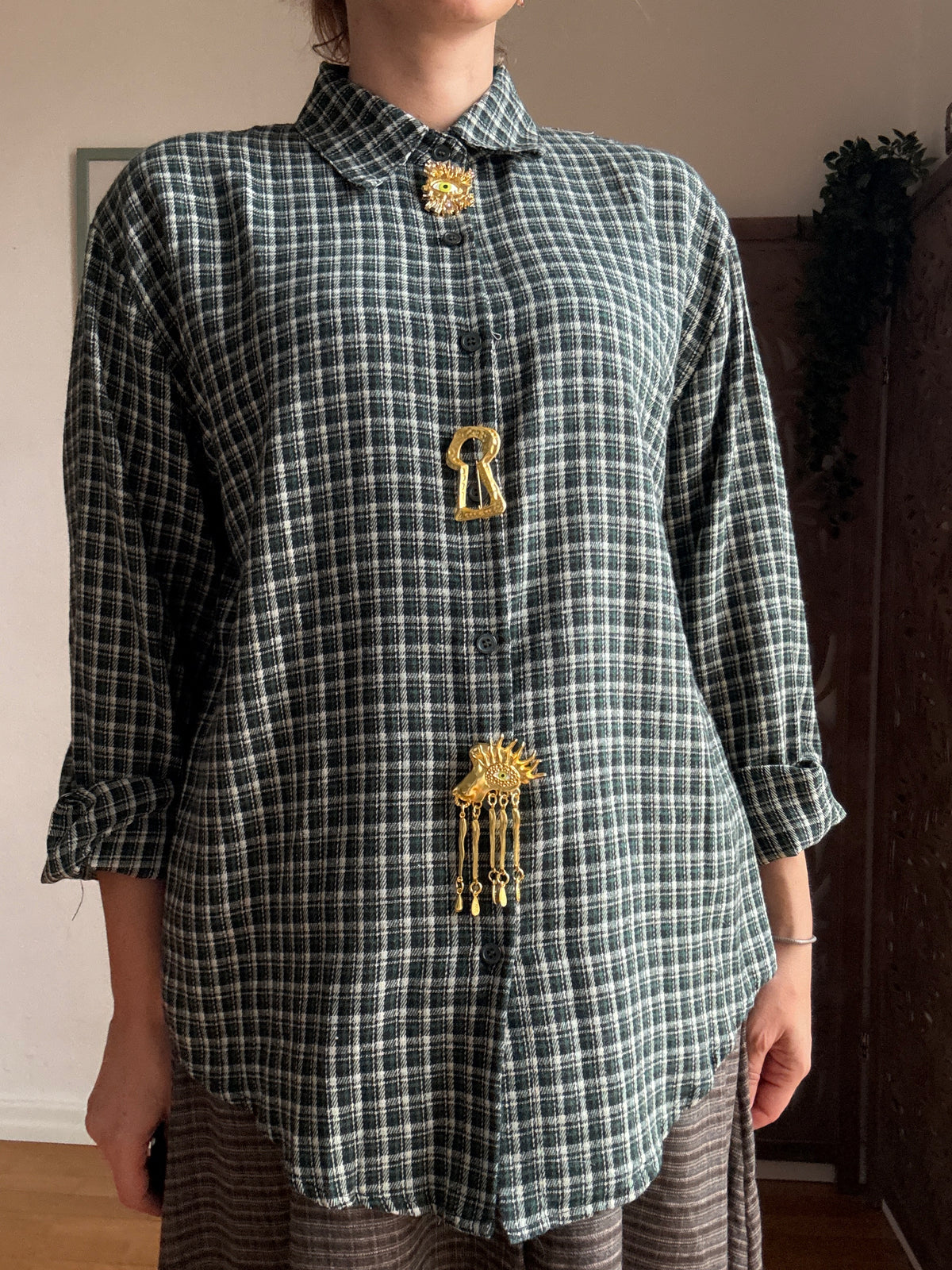 Camicia donna a quadri in cotone con spille gioiello rimovibili - in 2 Colori