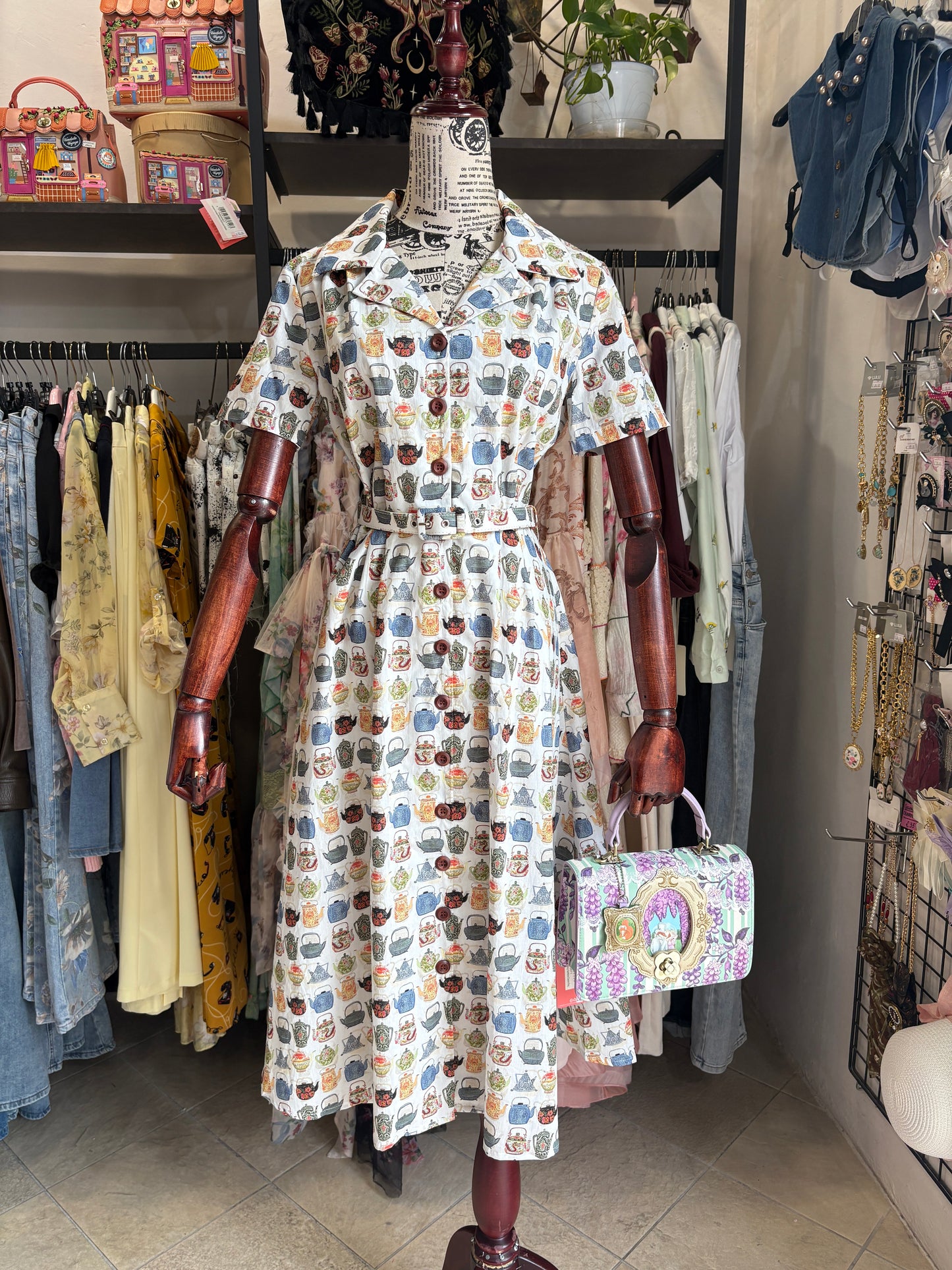 Abito Chemisier Inglese in Cotone Kate Tea Time con Stampa Teiere Vintage