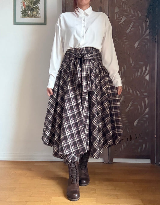Gonna tartan a vita alta in cotone asimmetrica con maniche annodate in vita