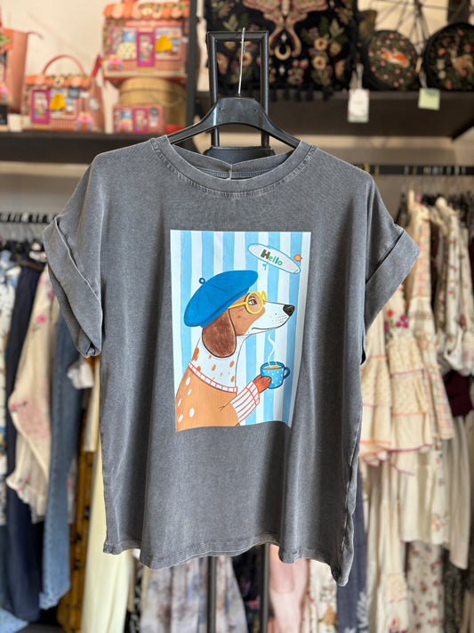 T-shirt French Dogs Stone Washed con Maniche Risvoltate
