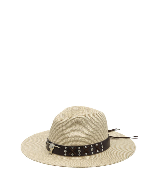 Cappello Western in Paglia Intrecciata con Cinturino Bull Head Skull - Beige