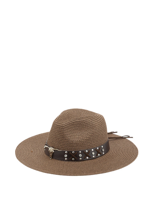 Cappello Western in Paglia Intrecciata con Cinturino Bull Head Skull - Caffè