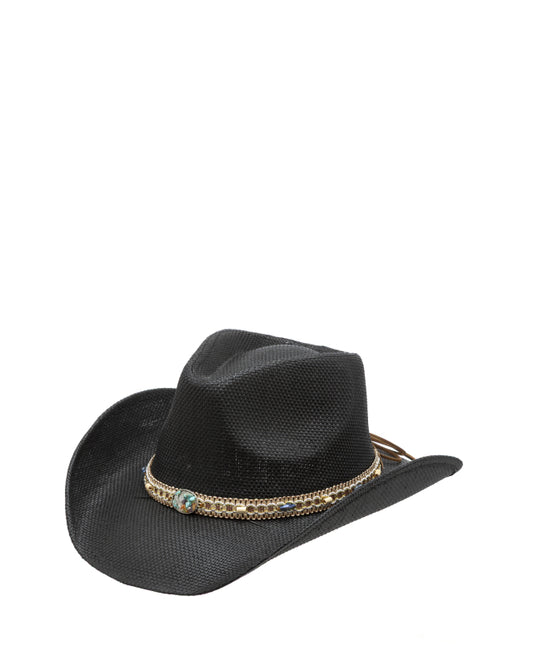 Cappello Western Rigido in Paglia Intrecciata con Dettaglio Pietre Turchesi - Nero