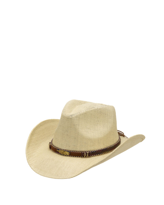Cappello Western Rigido in Paglia Intrecciata con Dettaglio Piuma Gold - Bianco