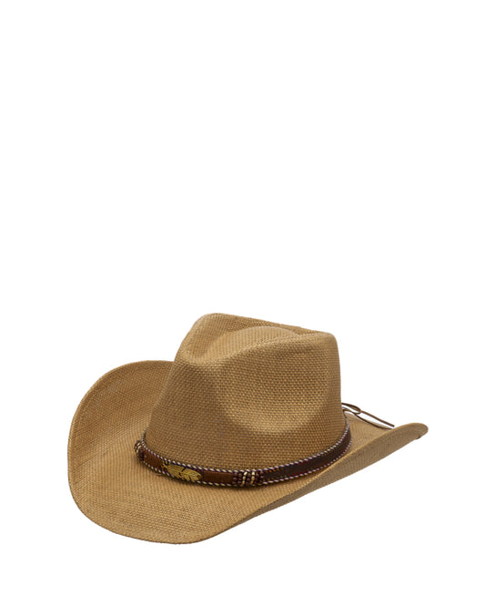 Cappello Western Rigido in Paglia Intrecciata con Dettaglio Piuma Gold - Cammello