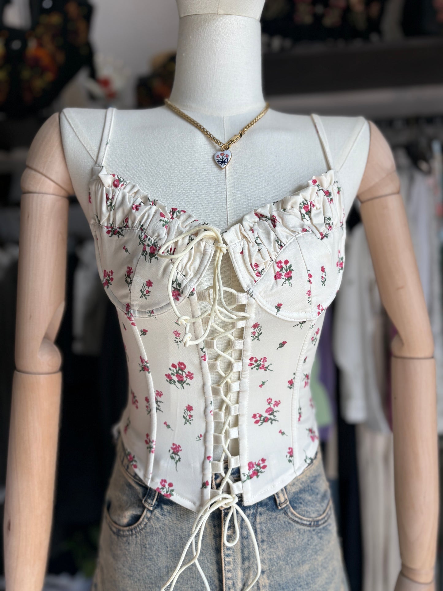 Top Bustier Stringato con Coppe Arricciate – Bianco Floreale