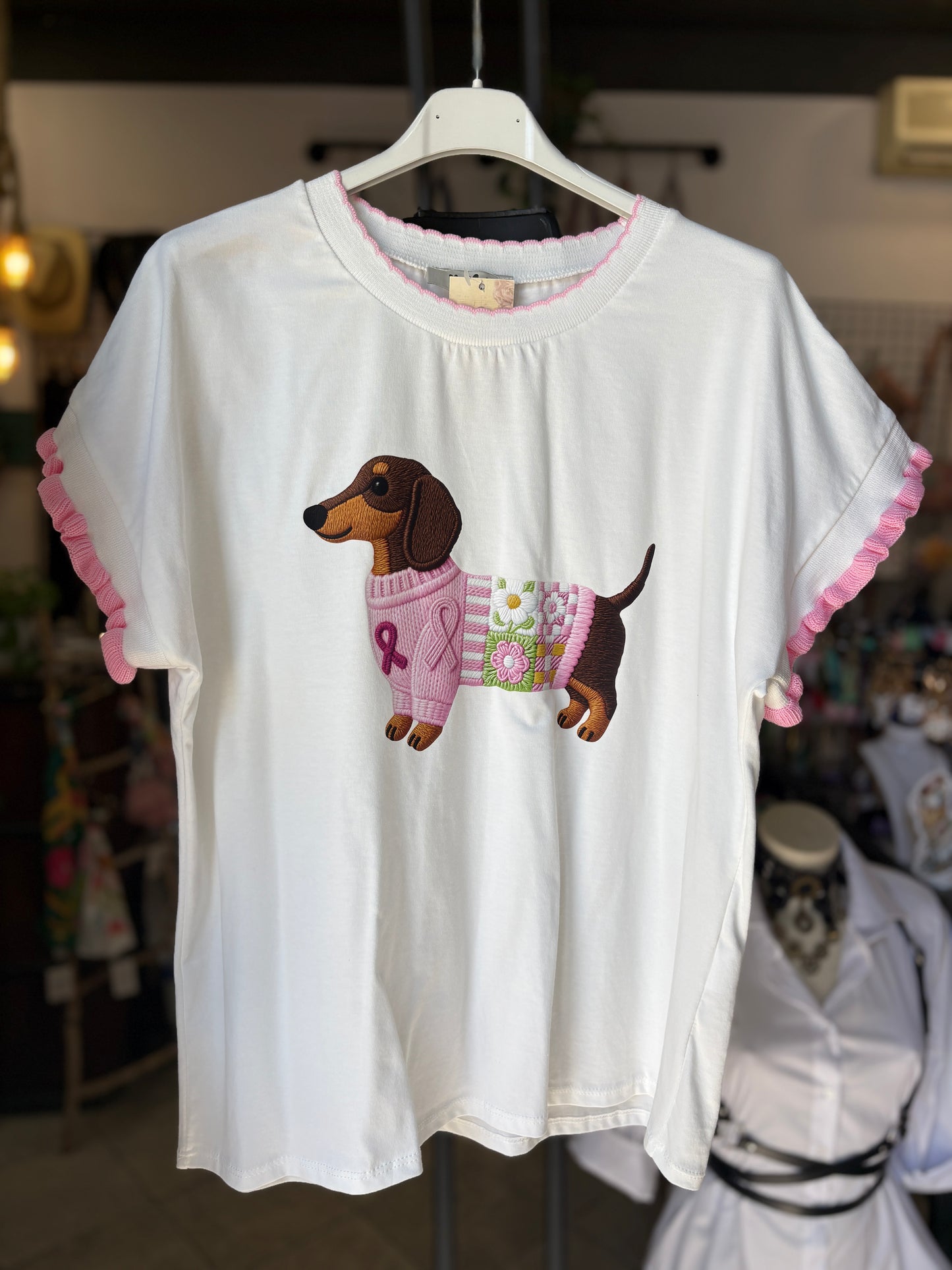 T-shirt Bianca con Bulldog Francese/Bassotto/Gatto con Colletto Smerlato Colorato