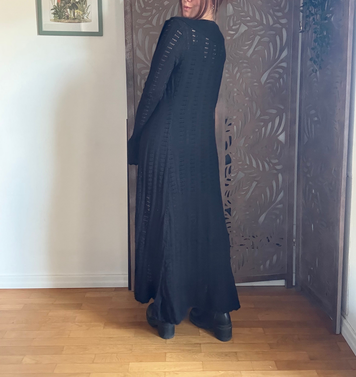 Abito chemisier lungo traforato nero con colletto