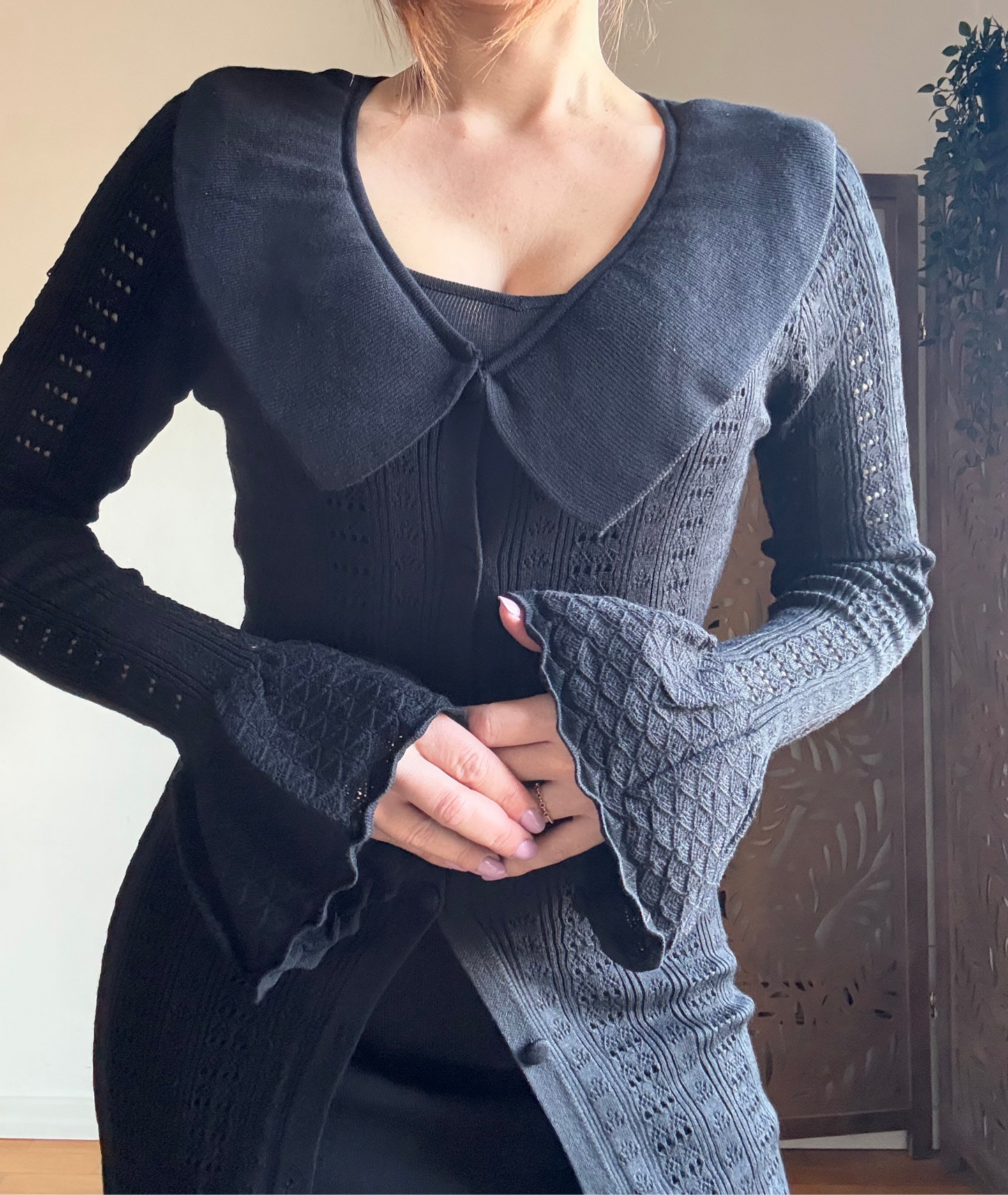 Abito chemisier lungo traforato nero con colletto