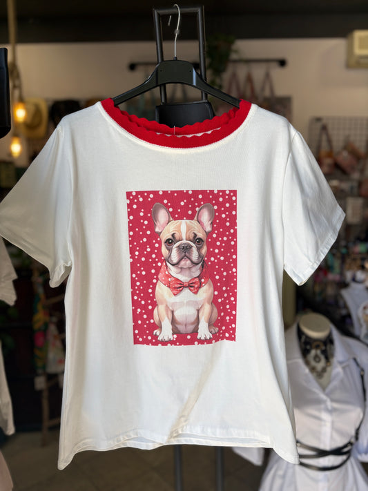 T-shirt Bianca con Bulldog Francese/Bassotto/Gatto con Colletto Smerlato Colorato