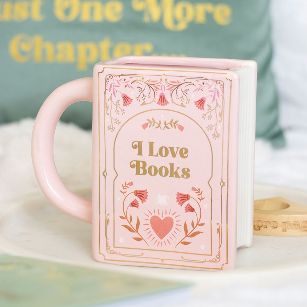 Tazza rosa a forma di libro "I Love Books"