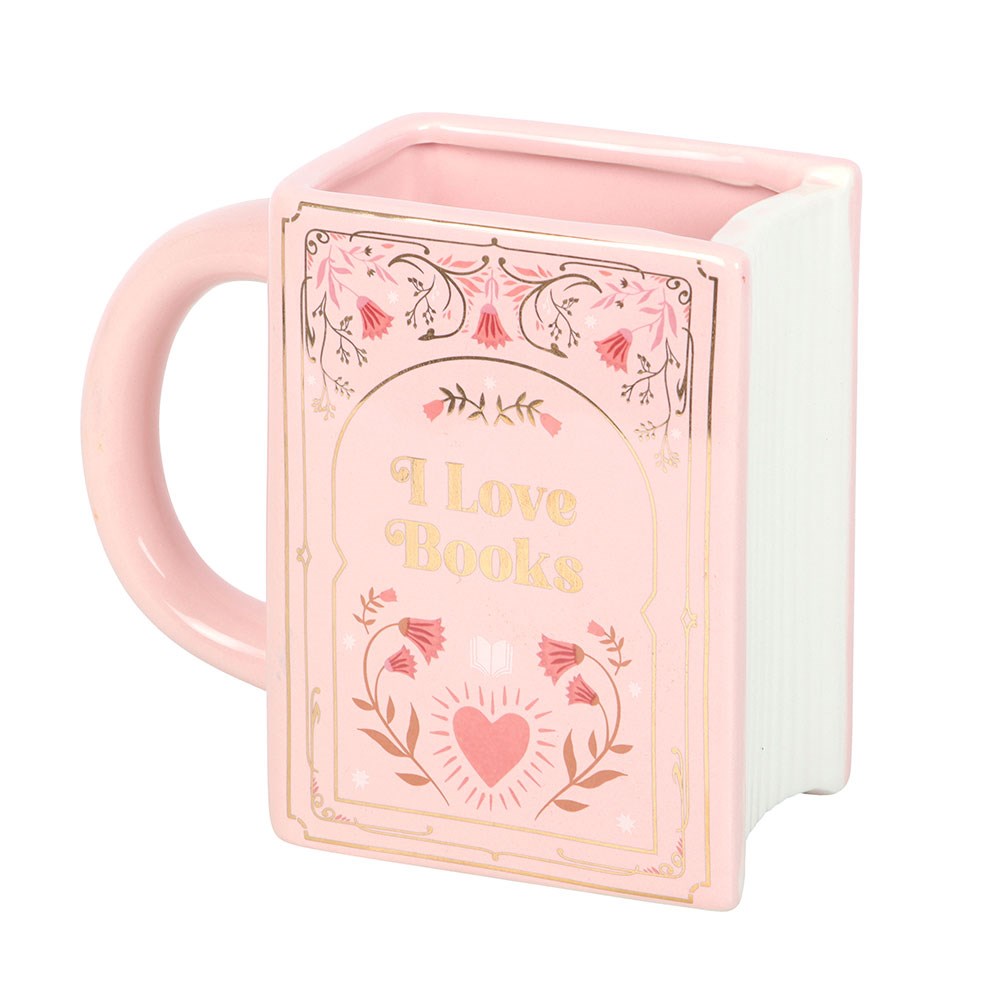 Tazza rosa a forma di libro "I Love Books"