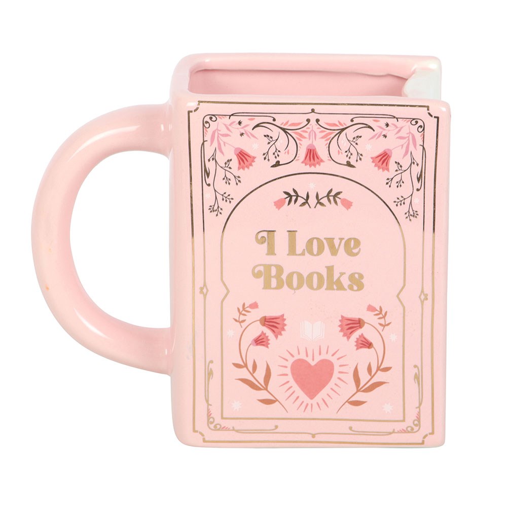 Tazza rosa a forma di libro "I Love Books"