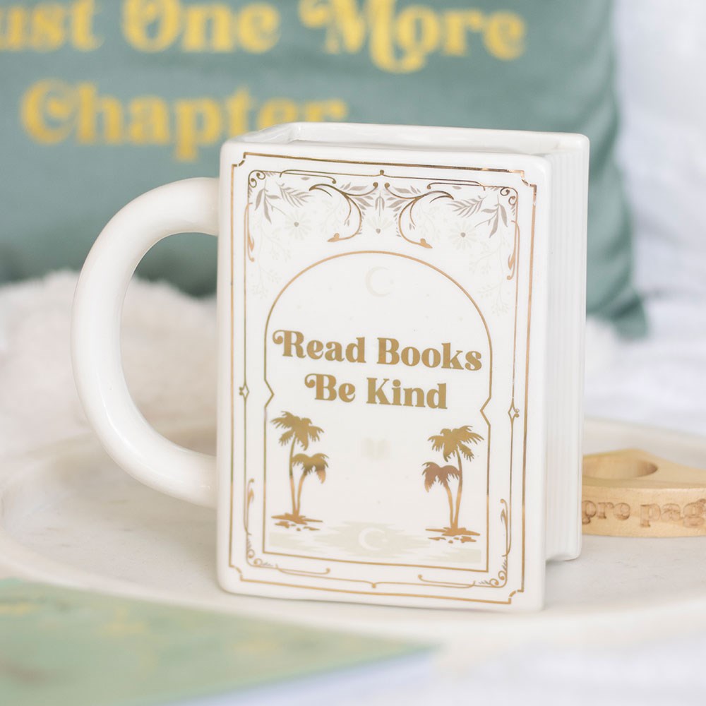 Tazza a forma di libro bianco «Read Books Be Kind»