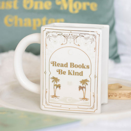 Tazza a forma di libro bianco «Read Books Be Kind»