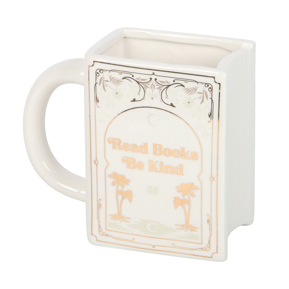 Tazza a forma di libro bianco «Read Books Be Kind»